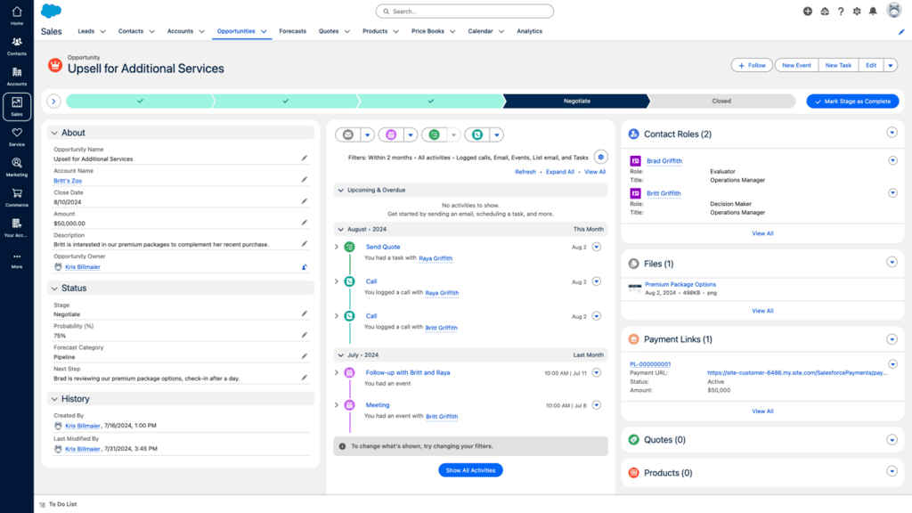This image shows a Salesforce Sales Console screen where users can manage an active sales opportunity. The console includes various tabs for tracking account information, contact roles, opportunity details, tasks, and more. The interface is optimized for sales representatives to navigate between customer and sales data seamlessly, increasing productivity and sales effectiveness.