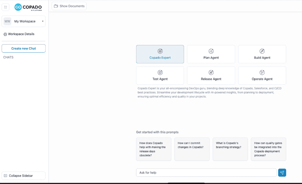 Discover Copado's AI-powered DevOps agents, including Copado Expert, Plan Agent, and Test Agent, designed to optimize Salesforce development from planning to deployment for seamless efficiency.