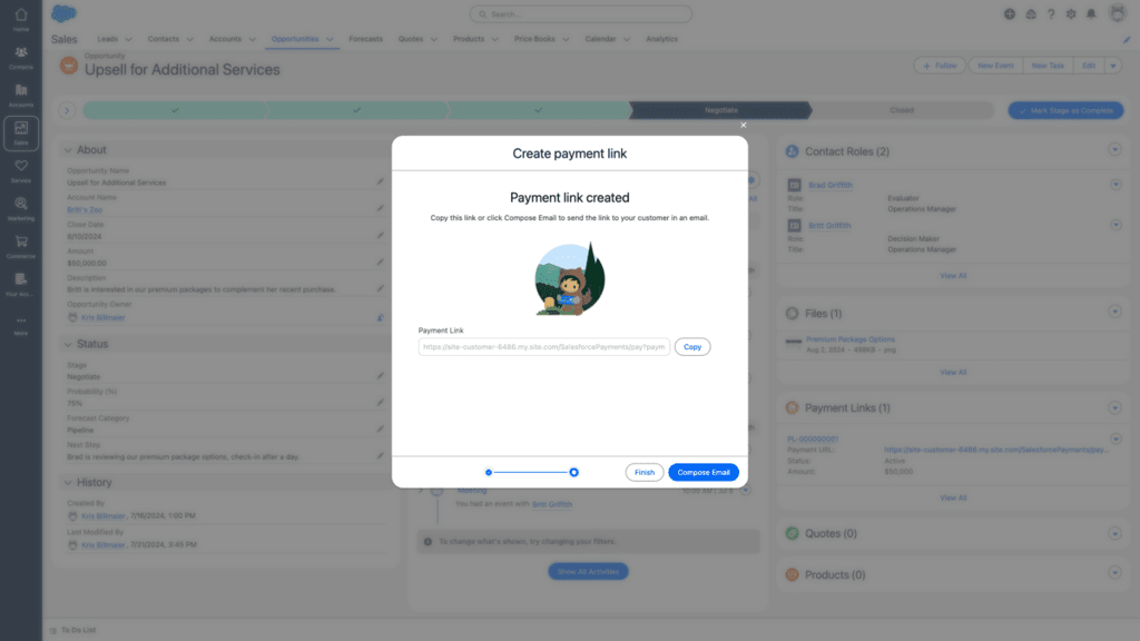 This image showcases a Salesforce Sales Cloud feature where a user is creating a payment link for a customer. The pop-up interface allows the user to either copy the payment link or directly compose an email to share it with the customer. The user interface is streamlined with a clean layout, making it easy to generate and share payment links within the sales process.
