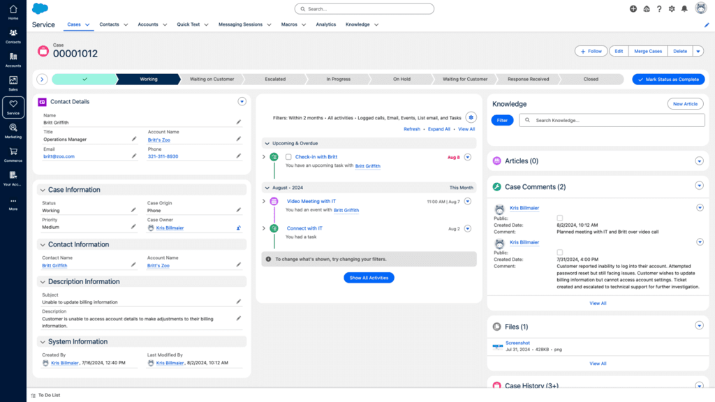 This image highlights the Salesforce Service Console, where customer service representatives manage customer cases. The interface includes fields for case details, contact information, case history, and knowledge articles, offering a comprehensive view of a customer’s service interactions. The layout is designed to help agents resolve customer issues efficiently, improving overall customer support operations.