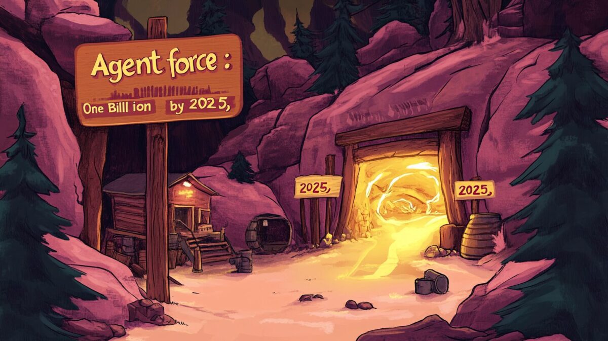 A classic gold rush-era mining camp nestled in a dusty canyon, but instead of prospectors with pickaxes, tech-savvy cowboys dig into glowing veins of data running through the rock walls. A large signpost reads "Agentforce: One Billion Agents by 2025,"