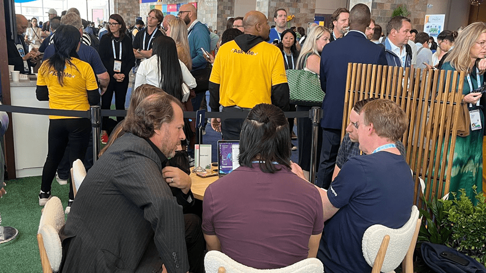 Marc Benioff at Dreamforce 2024 Agentforce Launch Zone, engaging with customers in a hands-on consultation to gather feedback on Salesforce's AI-powered Agentforce.