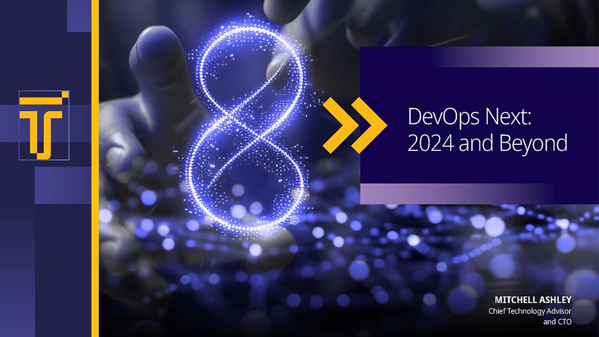 Cover image for 'DevOps Next: 2024 and Beyond' featuring a glowing infinity symbol, representing continuous integration and development in the DevOps journey, with a futuristic digital design