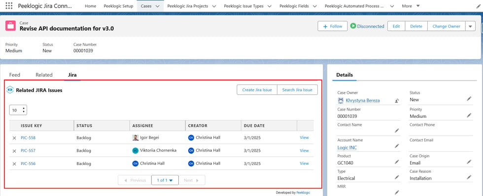 Salesforce view of Peeklogic Jira Connector showing related Jira issues interface Peeklogic Jira Connector interface in Salesforce displaying related Jira issues with status, assignee, and creation date columns