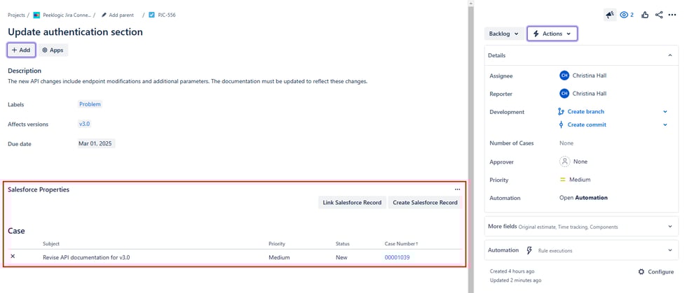 Jira interface with Salesforce Properties section displaying linked Case information