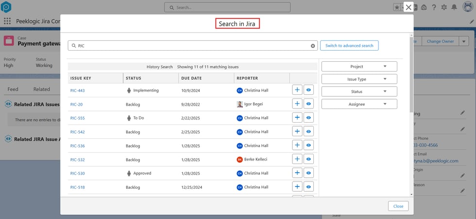 Jira issue search interface enabling linking to Salesforce records Search in Jira dialog showing multiple issues with options to link them to Salesforce records