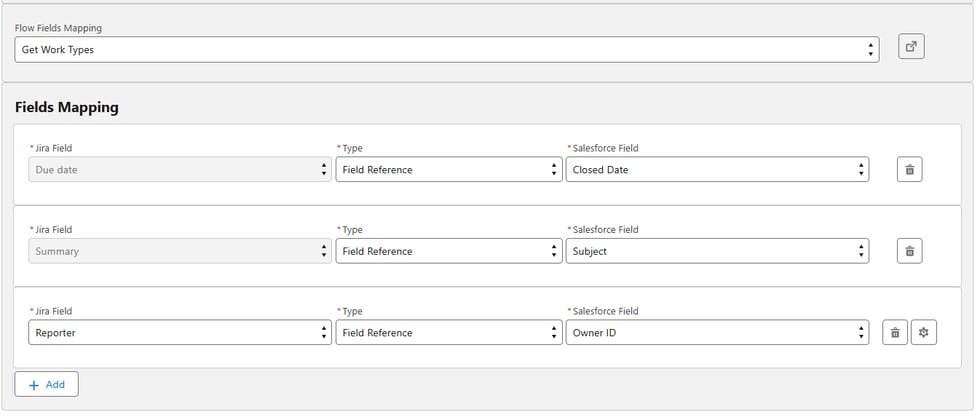 Detailed view of field mapping configuration showing how Jira and Salesforce fields are connected