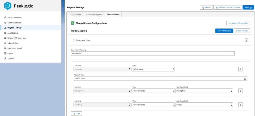 Field mapping configuration between Salesforce and Jira Peeklogic configuration screen showing field mapping between Salesforce and Jira fields