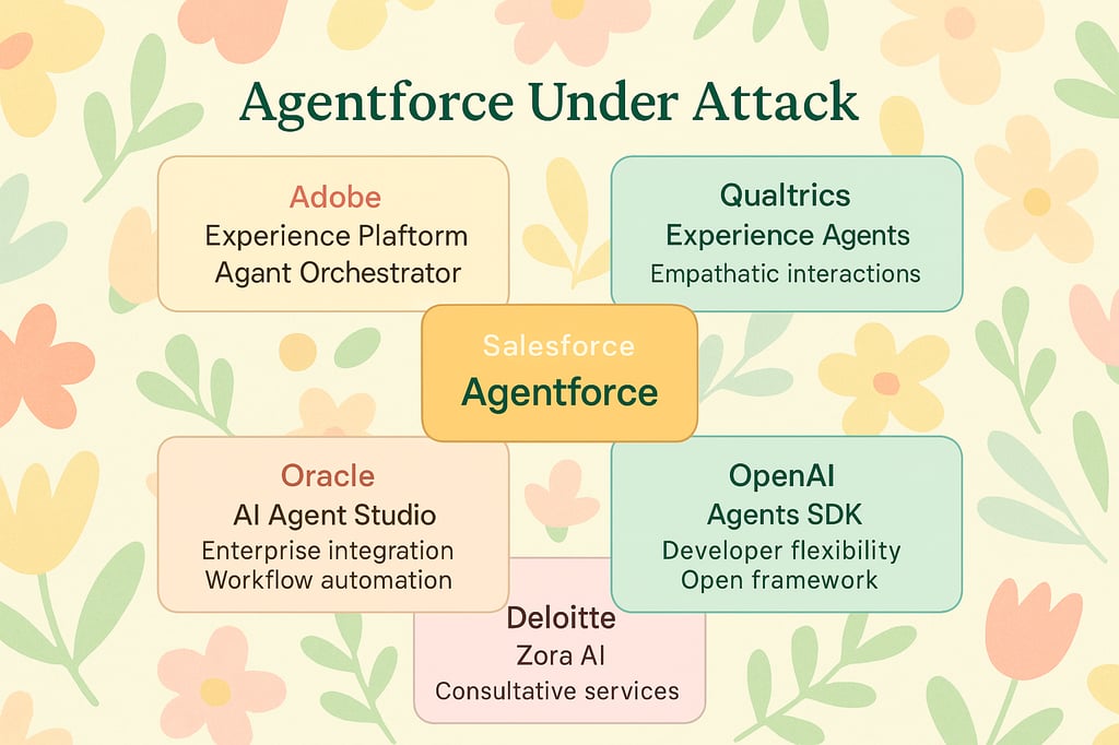 Infographic titled ‘Agentforce Under Attack’ with a floral background. Salesforce Agentforce is at the center, surrounded by Adobe (Experience Platform Agent Orchestrator), Qualtrics (Experience Agents), Oracle (AI Agent Studio), OpenAI (Agents SDK), and Deloitte (Zora AI) solutions, illustrating competitive AI offerings.