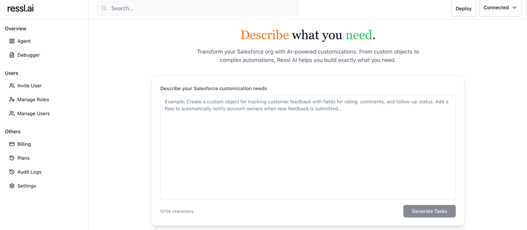 Screenshot of the Ressl AI homepage, showing a text box labeled ‘Describe your Salesforce customization needs,’ an example prompt, and a ‘Generate Tasks’ button for creating automated configurations.
