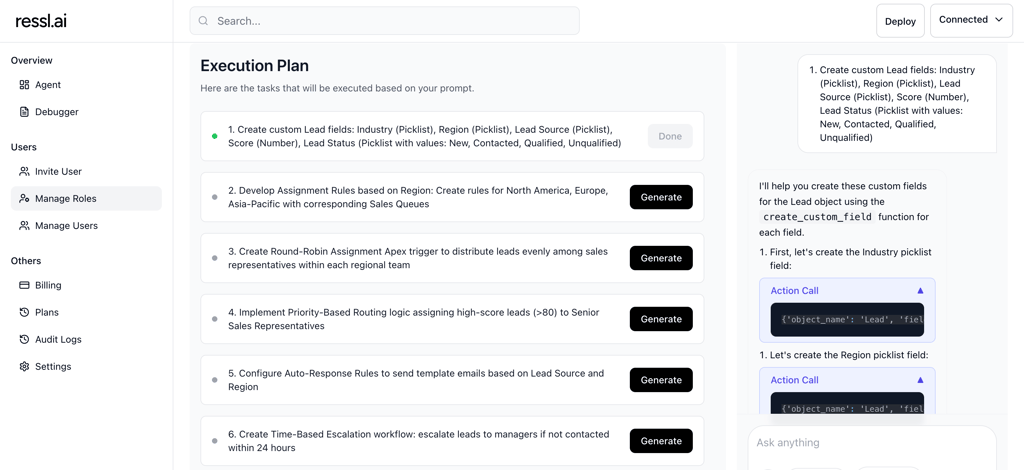 Screenshot of the Ressl AI Execution Plan interface, displaying a list of generated tasks (e.g., creating custom fields, developing assignment rules) alongside ‘Generate’ buttons and a right panel with code snippets and action calls.