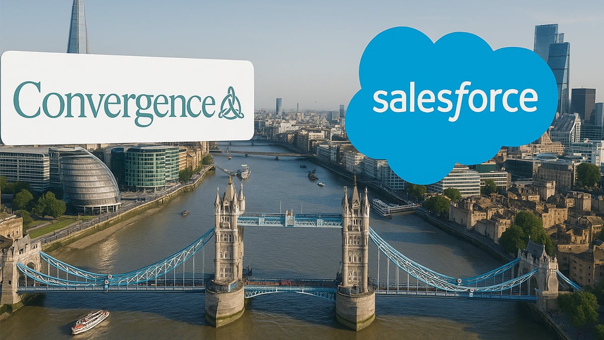 Photorealistic image of the Salesforce and Convergence logos hovering above London’s Tower Bridge with the River Thames and iconic skyline in the background, symbolizing Salesforce’s acquisition of Convergence and global AI expansion.