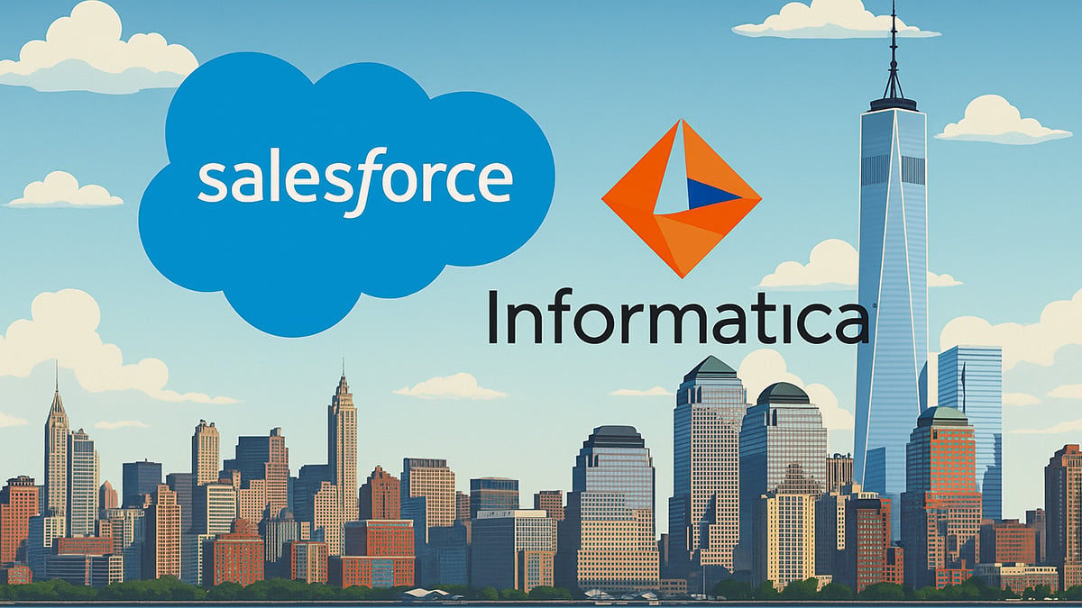 Illustration of Salesforce and Informatica logos hovering above the Manhattan skyline, symbolizing their strategic partnership and integration in enterprise AI and data infrastructure.