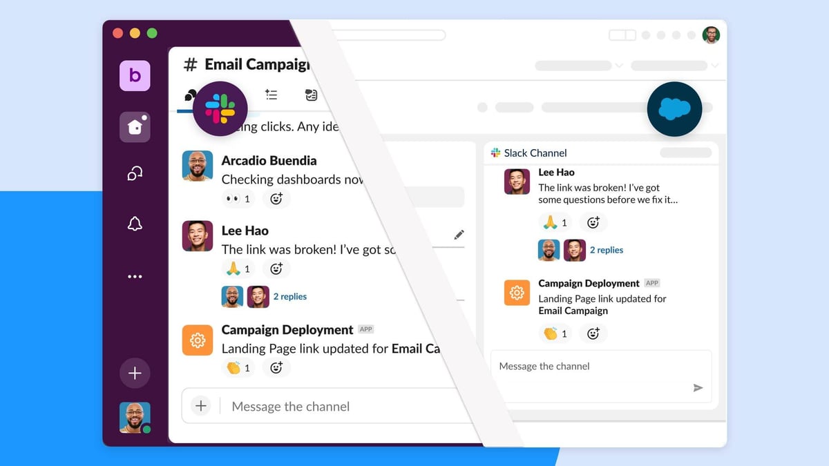 Split-screen illustration showing Slack collaboration directly embedded within Salesforce CRM, highlighting unified team communication and streamlined workflow.