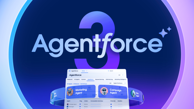 Salesforce Agentforce 3 interface dashboard showing Marketing Agent and Campaign Agent cards with blue and purple gradient background