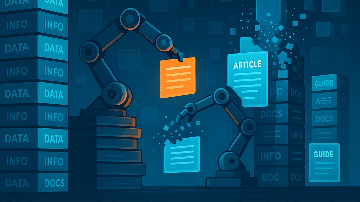 Robotic arm organizing digital documents, articles and data blocks representing AI-powered content curation and knowledge management system