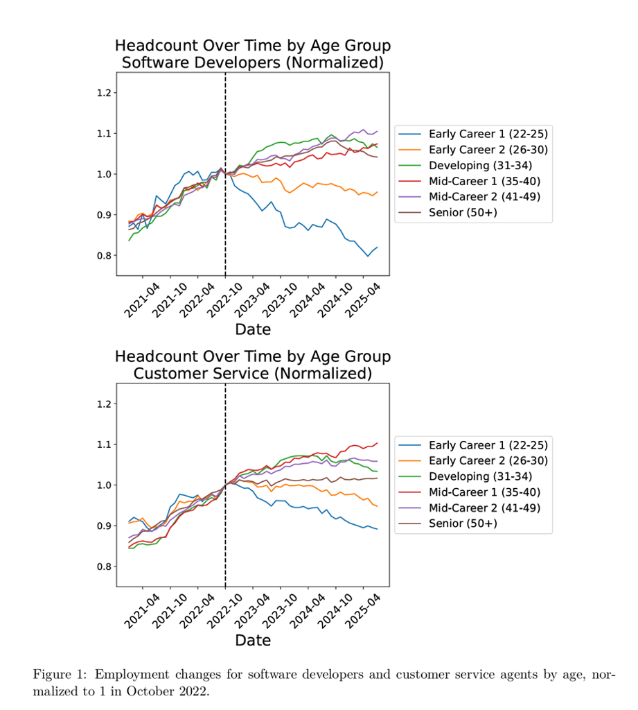 Employment trends for software developers and customer service workers by age group, showing a sharp 20% decline for 22–25-year-olds in AI-exposed roles while older cohorts remain stable or grow, illustrating early-career job erosion from generative AI.