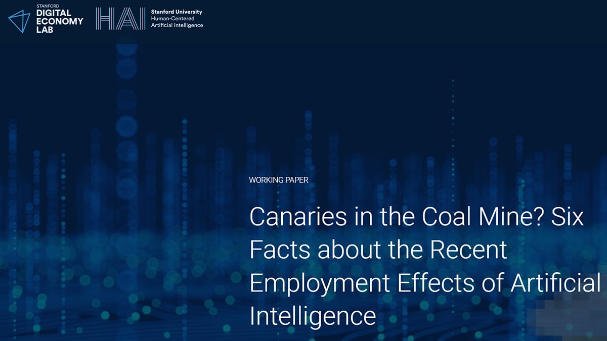 ChatGPT said: Here’s a strong SEO ALT Text for the cover image you uploaded: ALT Text: “Cover page of Stanford Digital Economy Lab working paper titled Canaries in the Coal Mine? Six Facts about the Recent Employment Effects of Artificial Intelligence, highlighting early-career job impacts of generative AI.