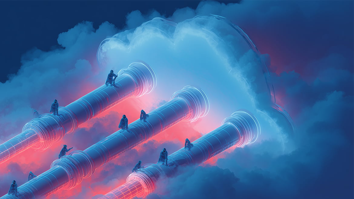 Stylized illustration of cybercriminals siphoning data through glowing pipelines connected to a cloud, symbolizing Salesforce integration attacks and OAuth token breaches