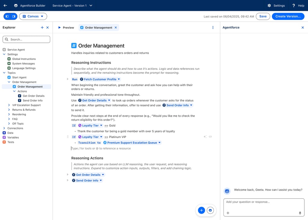 Agentforce Builder using AgentScript—Order Management topic with reasoning instructions, actions (Fetch Customer Profile, Get Order Details, Send Order Info), and loyalty-tier escalation to Premium Support.