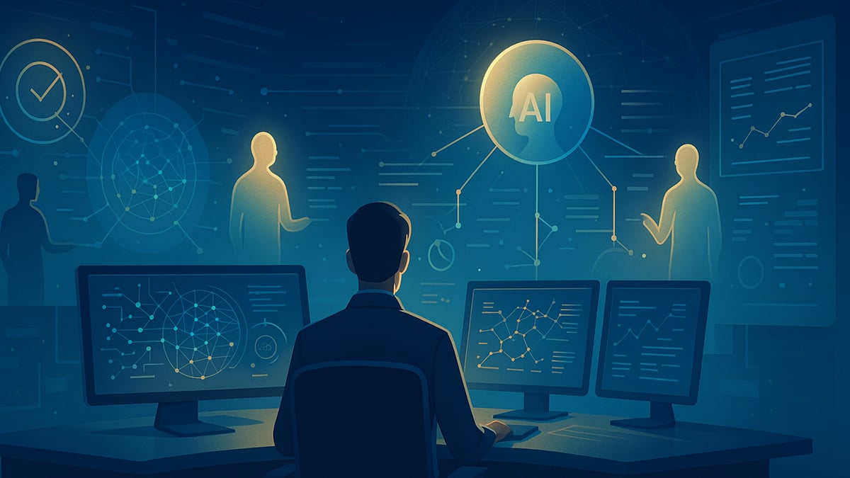 A digital illustration shows a futuristic AI operations control room where a professional sits before three glowing monitors analyzing data networks. Around them, translucent humanoid figures collaborate through holographic interfaces under a central orb marked “AI,” symbolizing multi-agent coordination and intelligent automation. The scene uses deep blue and gold tones to convey innovation and enterprise technology.