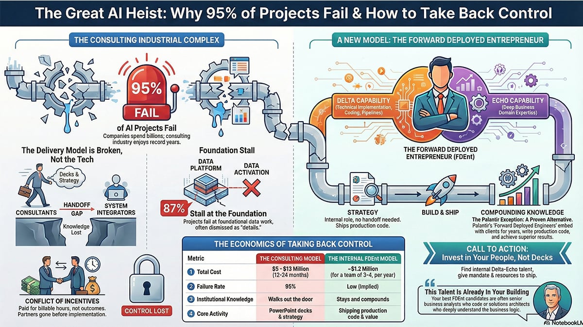 Infographic showing why 95% of enterprise AI projects fail under the consulting model and how Forward Deployed Entrepreneurs embed technical and business expertise to successfully build and ship AI solutions.