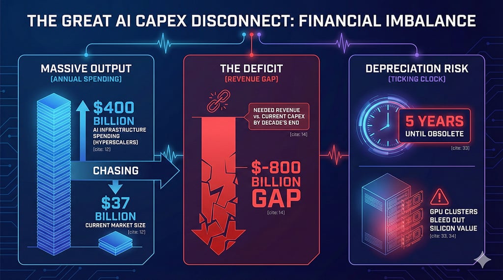 Infographic showing AI infrastructure financial imbalance: $400 billion in annual hyperscaler spending chasing a $37 billion market, creating an $800 billion revenue gap, while GPU clusters face 5-year obsolescence creating depreciation risk as silicon bleeds value before use cases arrive.