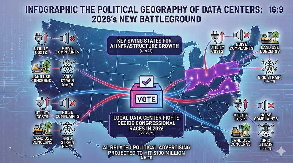 US map highlighting swing states as 2026 political battlegrounds over AI data center infrastructure, showing utility costs, noise complaints, land use concerns, and grid strain issues in Virginia, Ohio, Indiana, and Pennsylvania, with $100 million in projected AI-related political advertising.