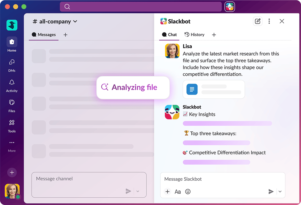Slackbot analyzing uploaded market research file to extract top three takeaways and competitive differentiation insights with structured key insights output