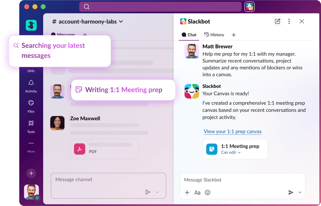 Slackbot interface showing calendar availability check for multiple team members, displaying available 45-minute meeting slots and automatically generated Q4 Discussion agenda canvas