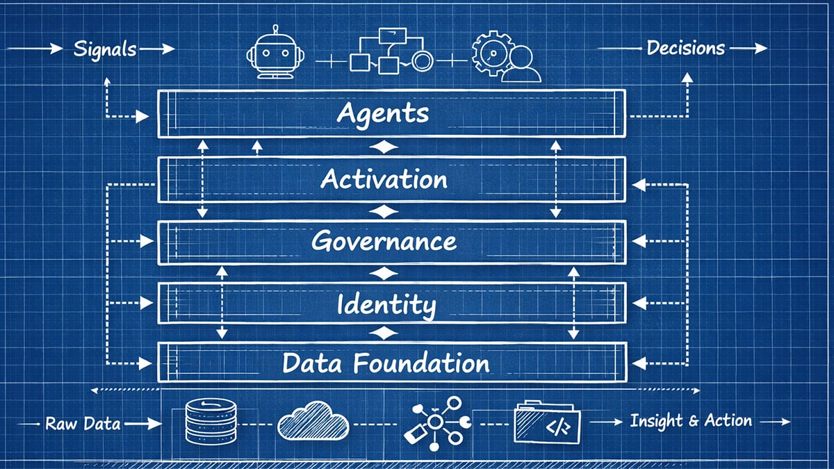 Agent Context Engine architecture blueprint showing five layers from Data Foundation through Identity, Governance, Activation to Agents, with raw data flowing to insight and action