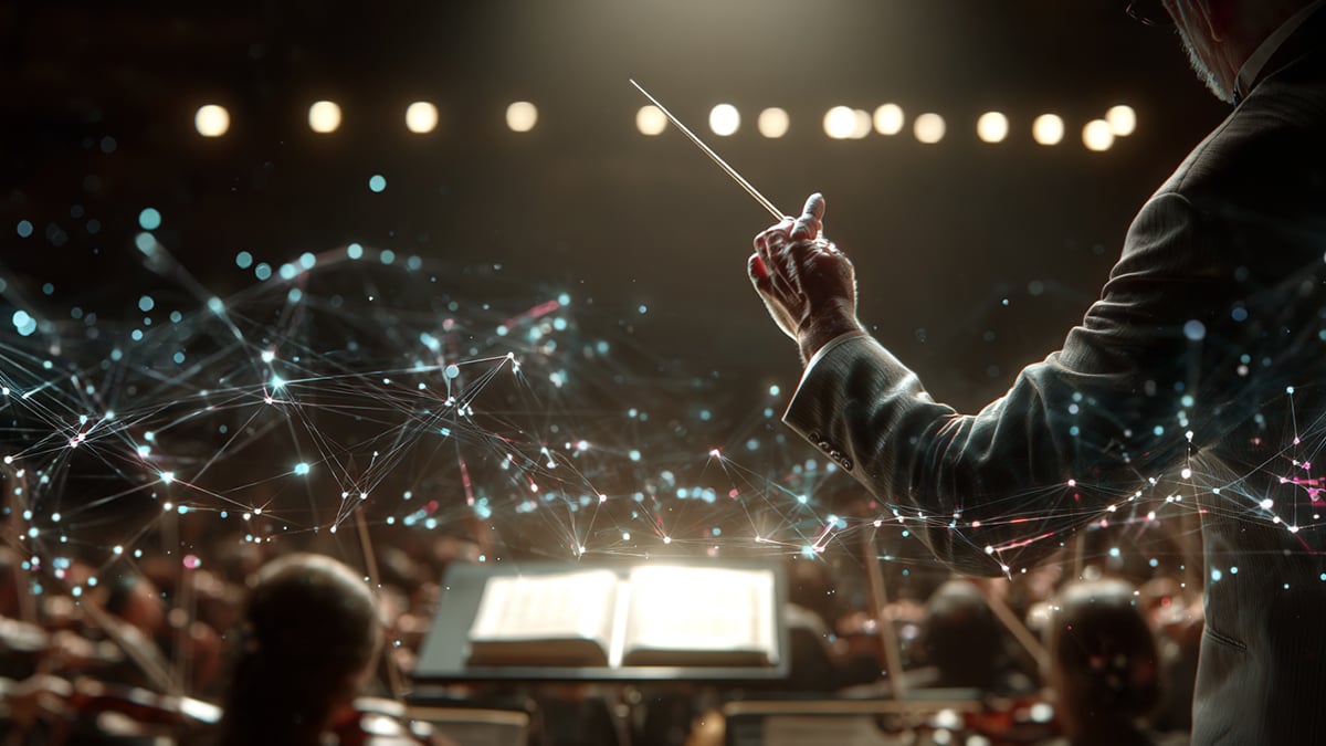Orchestra conductor's hand holding baton directing a symphony of interconnected AI neural network nodes and data points, representing enterprise AI orchestration - the conductor controls the components, not the other way around