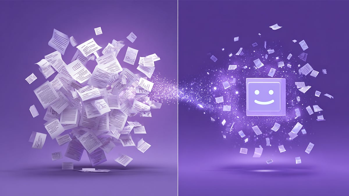 Split-screen illustration showing chaotic scattered documents and messages on left transforming into organized information orbiting a smiling Slackbot icon on right, representing AI-powered workplace organization and context synthesis
