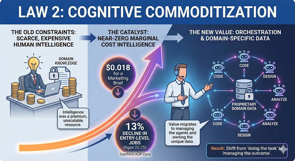 Infographic illustrating the Law of Cognitive Commoditization from Virtual Employee Economics, showing a three-stage progression from scarce expensive human intelligence with domain knowledge as a premium resource, through the catalyst of near-zero marginal cost intelligence with $0.018 marketing briefs and a 13% decline in entry-level jobs for ages 22-25 per Stanford ADP data, to the new value of orchestration and domain-specific data where AI agents handle code, design, and analysis. Callout reads: Shift from doing the task to managing the outcome.