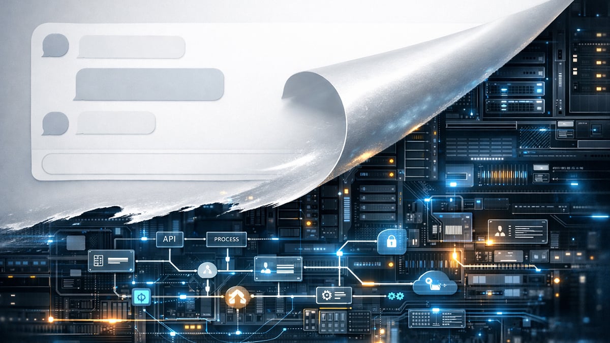 Chatbot interface peeling away to reveal autonomous AI agent infrastructure with API connections, process workflows, security locks, and cloud orchestration systems underneath