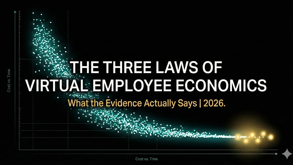 Cover image for The Three Laws of Virtual Employee Economics article showing a scatter plot of teal data points forming a steep downward cost curve against a dark background, with gold glowing dots at the bottom right representing emerging value. Title text reads 'The Three Laws of Virtual Employee Economics — What the Evidence Actually Says, 2026.' Axes labeled Cost vs. Time.