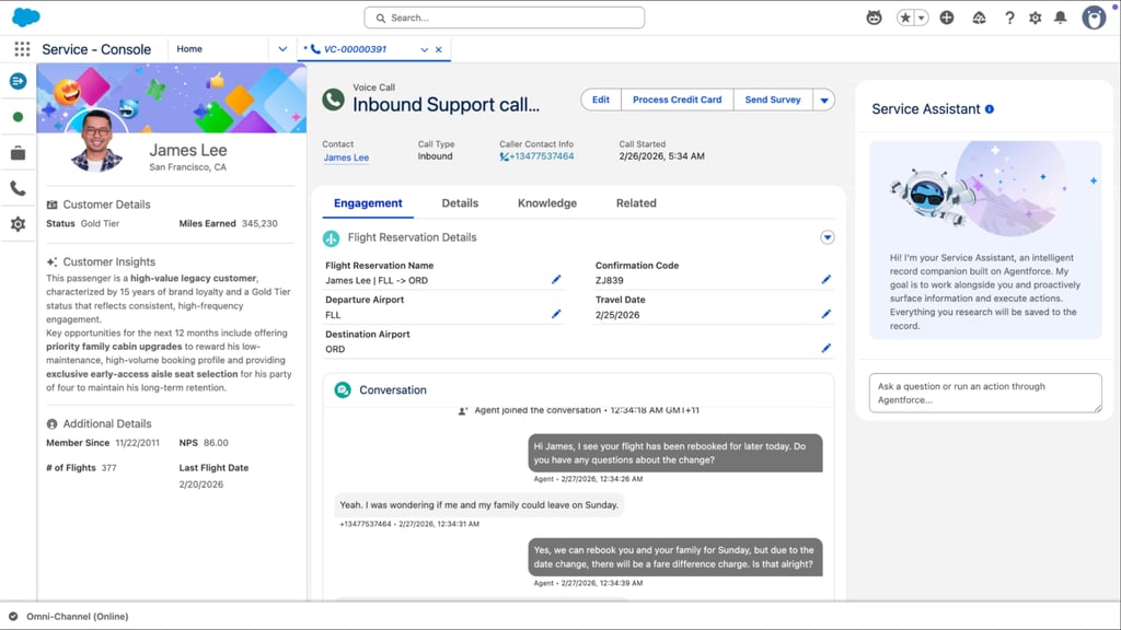 Screenshot of the Agentforce Contact Center Service Console showing an inbound voice call from Gold Tier customer James Lee, with AI-generated customer insights, flight reservation details, live conversation transcript, and the Service Assistant panel — demonstrating how CRM data, voice channel, and AI agent context are unified in a single native workspace.