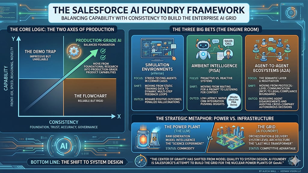 Infographic illustrating the Salesforce AI Foundry framework with three sections: a two-axes chart plotting capability versus consistency for production-grade AI, three big bets including simulation environments, ambient intelligence, and agent-to-agent ecosystems, and the power plant versus grid strategic metaphor comparing LLM raw intelligence to system-level orchestration and delivery.