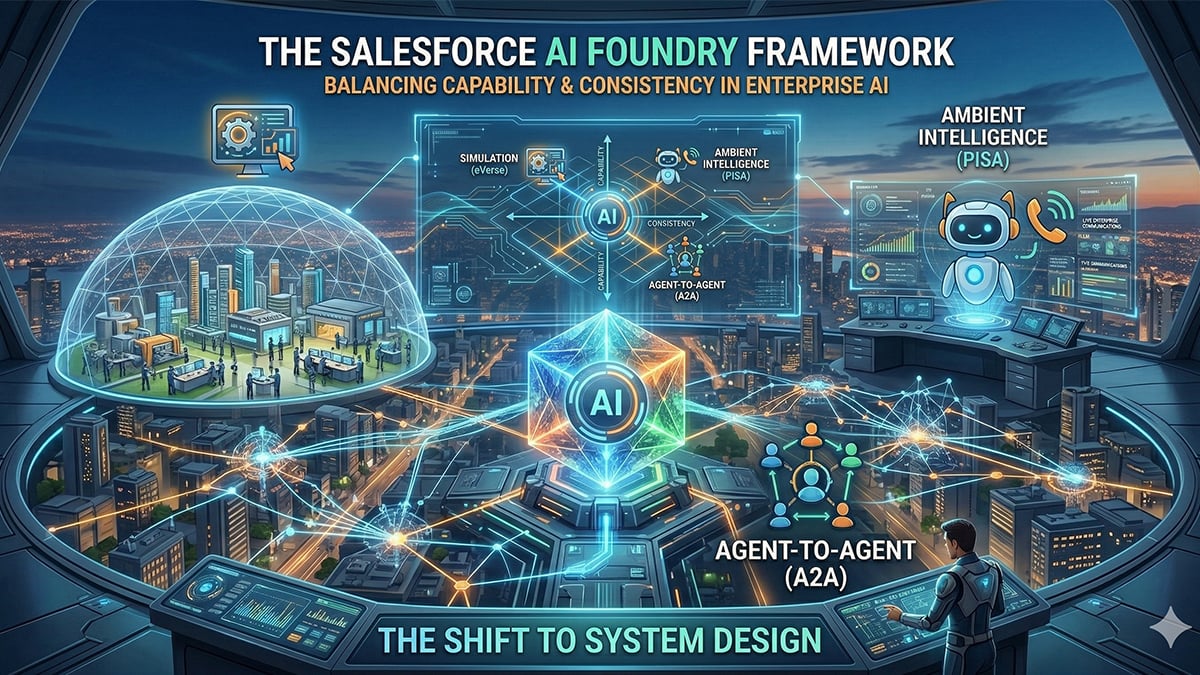 Futuristic cityscape illustration of the Salesforce AI Foundry framework showing three strategic investment areas — simulation environments under a geodesic dome labeled eVerse, an ambient intelligence PISA robot agent monitoring live enterprise communications, and agent-to-agent A2A networks connecting across a smart city — with a central AI hub balancing capability and consistency axes, emphasizing the shift to system design in enterprise AI.