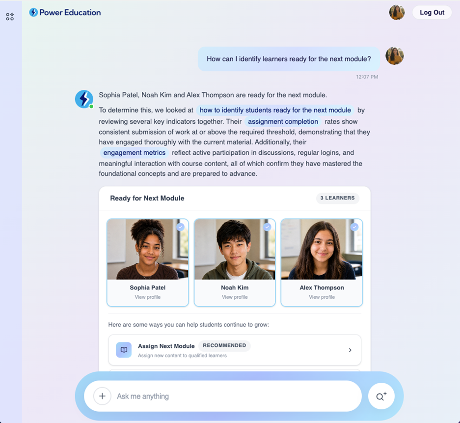 Agentforce Customer Service Portal with a single conversation bar surfacing dynamic learner cards and a recommended action.
