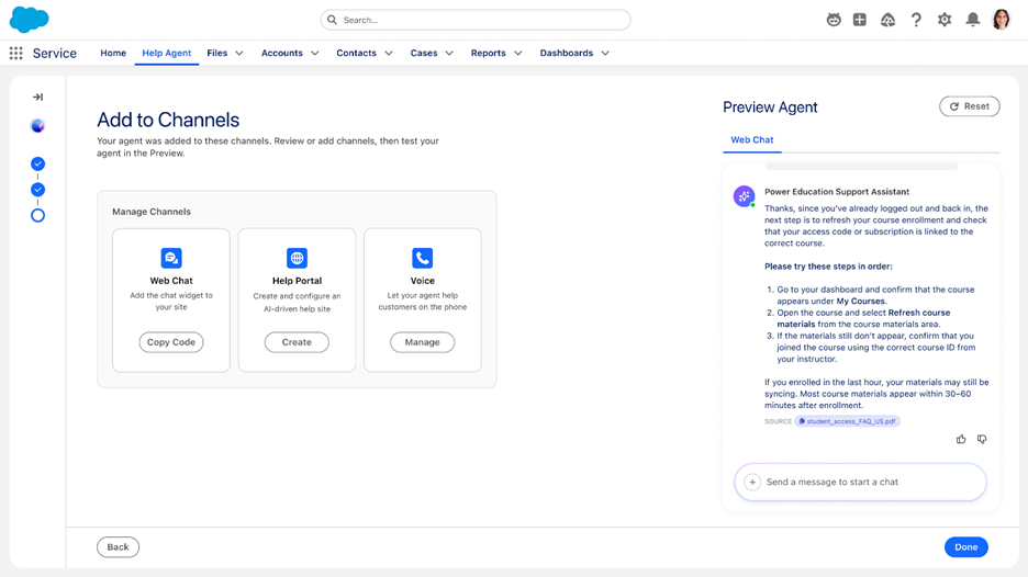 Agentforce Help Agent "Add to Channels" setup screen with Web Chat, Help Portal, and Voice options beside a live agent preview pane.