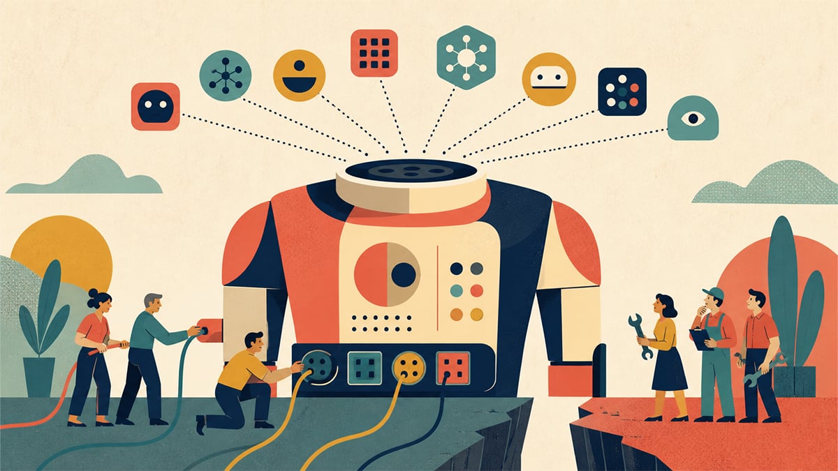 Flat vector illustration of Salesforce Headless 360 as a headless machine torso with an open universal socket connecting to AI agent icons, while pro-code builders plug in cables on one side and Trailblazer workers with wrenches stand across a gap on the other