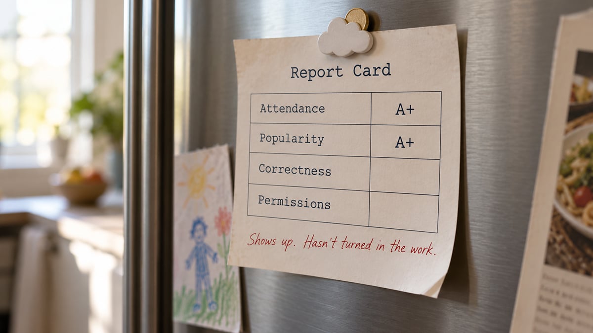 Report card pinned to a refrigerator with a cloud-shaped magnet, grading Attendance and Popularity A+ while Correctness and Permissions are left blank, with a red-pen note reading "Shows up. Hasn't turned in the work." Cover image for an analysis of the missing Salesforce AIforce evals.
