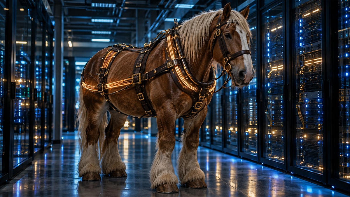 A draft horse wearing a leather harness threaded with glowing fiber-optic cable stands in a data center aisle between racks of blue-lit servers, illustrating the Salesforce Trusted Enterprise AI Harness announced September 10, 2026.