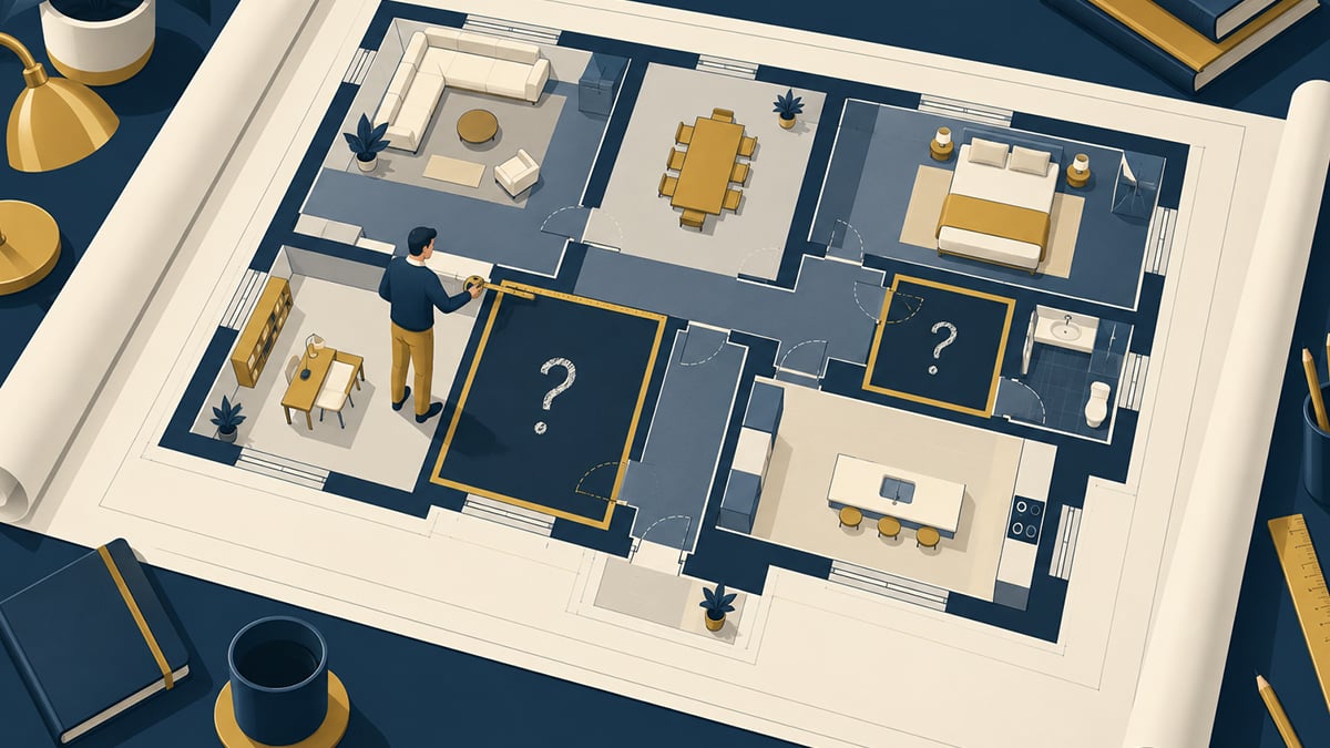 Isometric illustration of a person measuring a floor plan with two rooms marked by question marks: mapping the Salesforce edition bundle