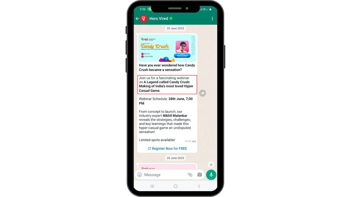 Upcoming event advertisement message with Hero Vired.