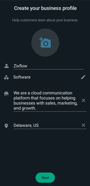 WhatsApp Business Profile screen in the WhatsApp Business App.