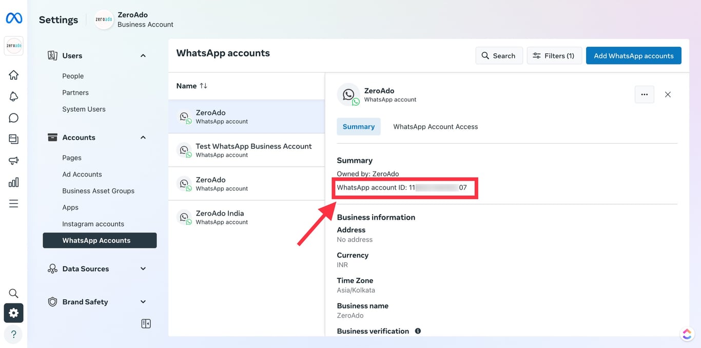 WhatsApp Business account ID page.