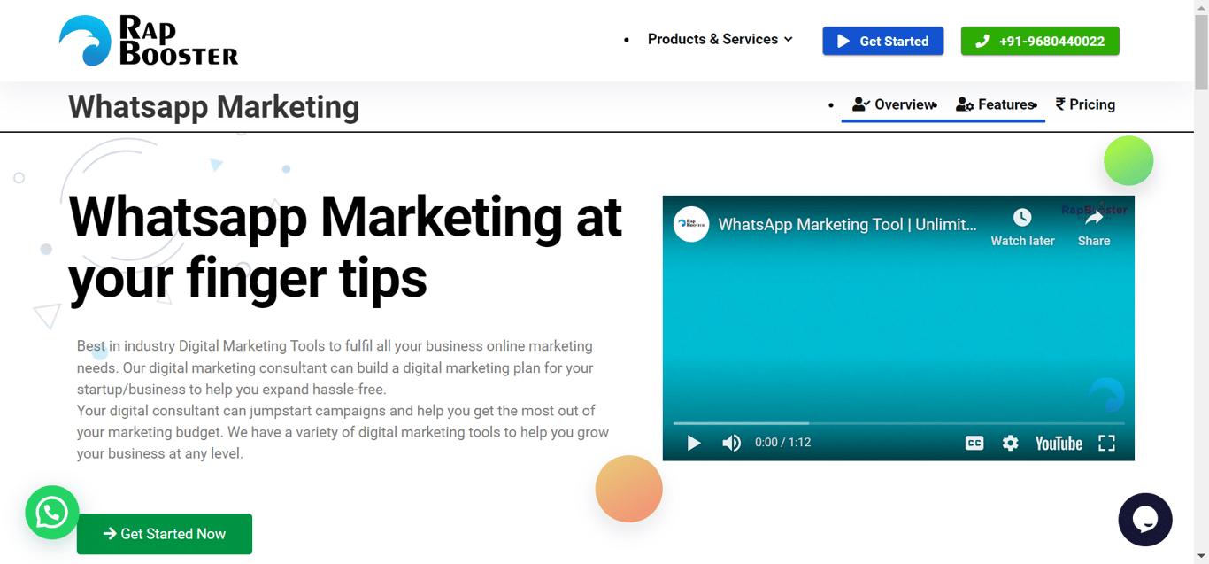 Homepage of RapBooster, a WhatsApp marketing solution.