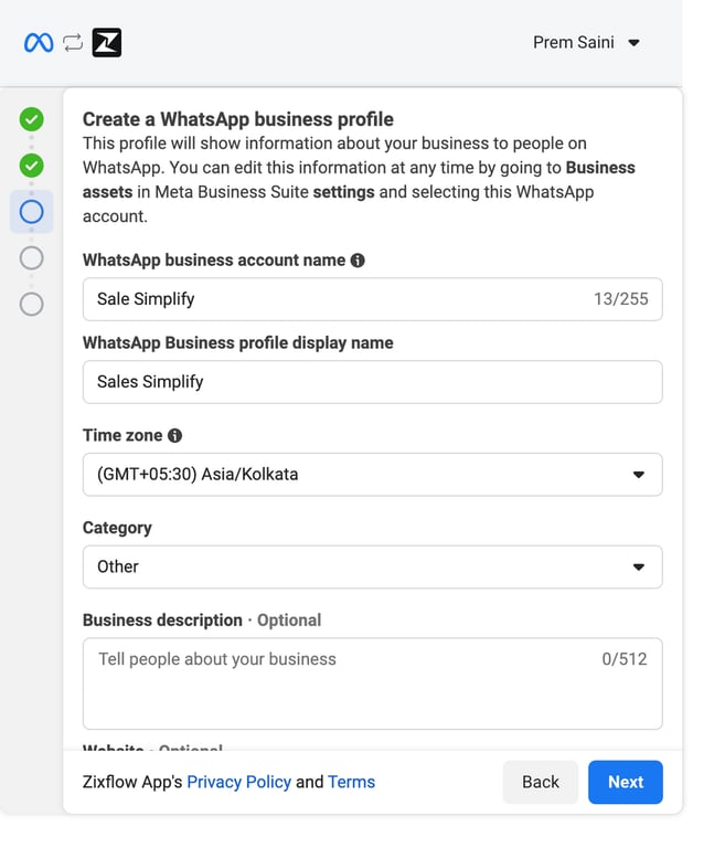 Add your WhatsApp Business profile information.